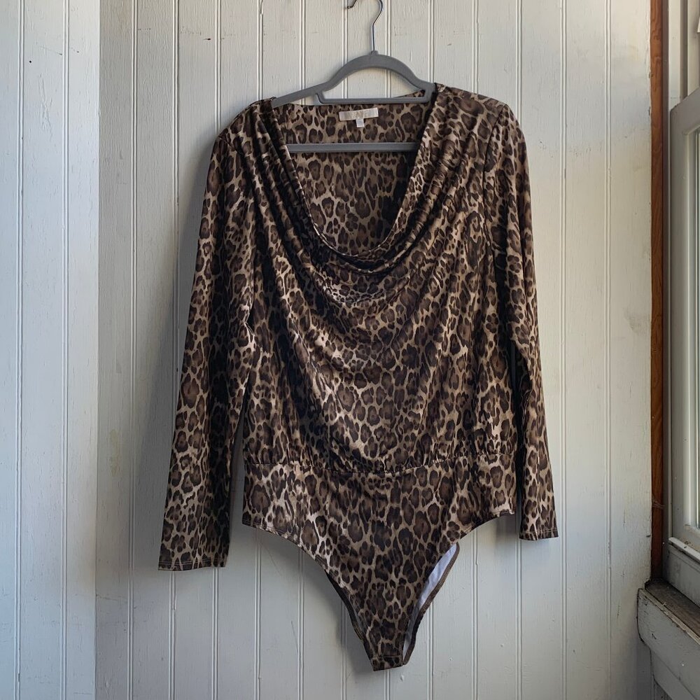 Wayf Solano Leopard Print Long Sleeve Cowl Neck Draped Bodysuit - Size XL Brown